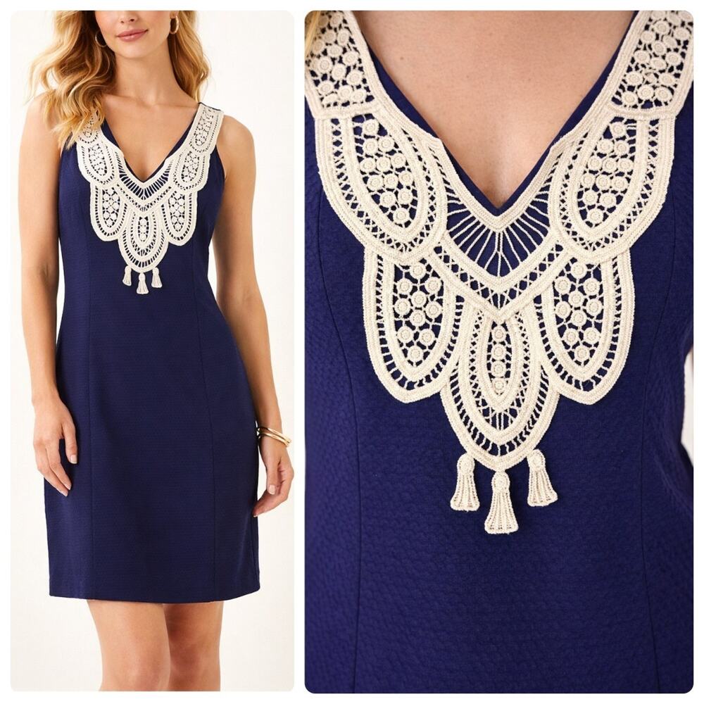 Lilly Pulitzer Navy Blue Cotton Shift Dress Crochet Lace V-Neck Size 4